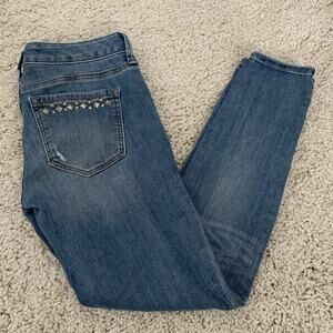 Express Jeans Womens Sz 2 Silver Studded Low Rise Skinny Distressed Blue Denim